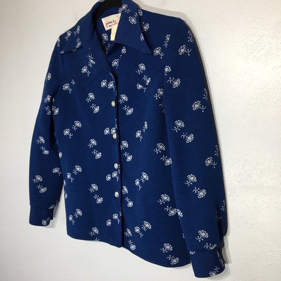 Vintage 70s Blue Button Front Jacket, Pointy Dagger Collar Western Style Floral - Picture 6 of 16